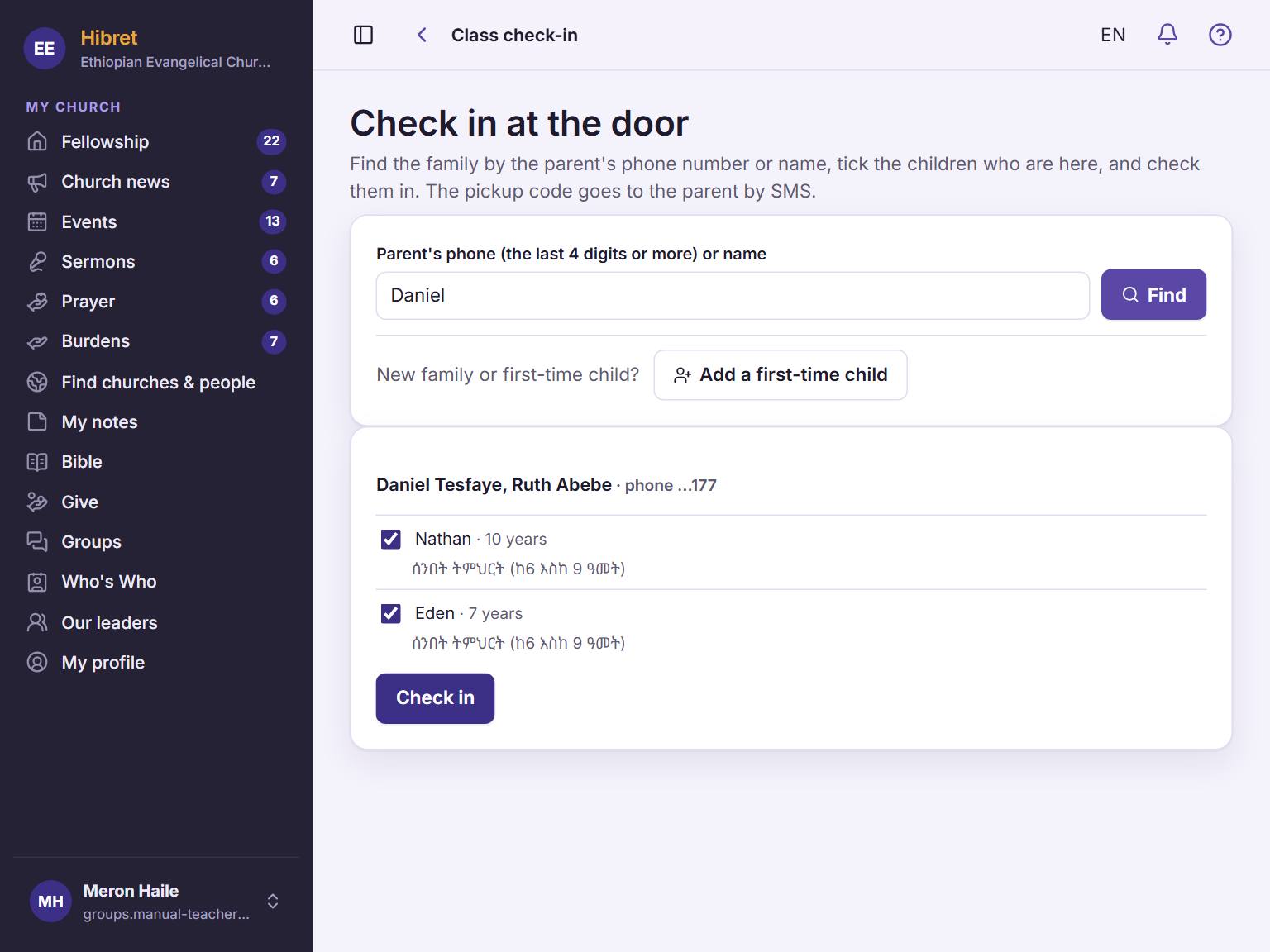 Tick the children who are here . Tap "Check in" .