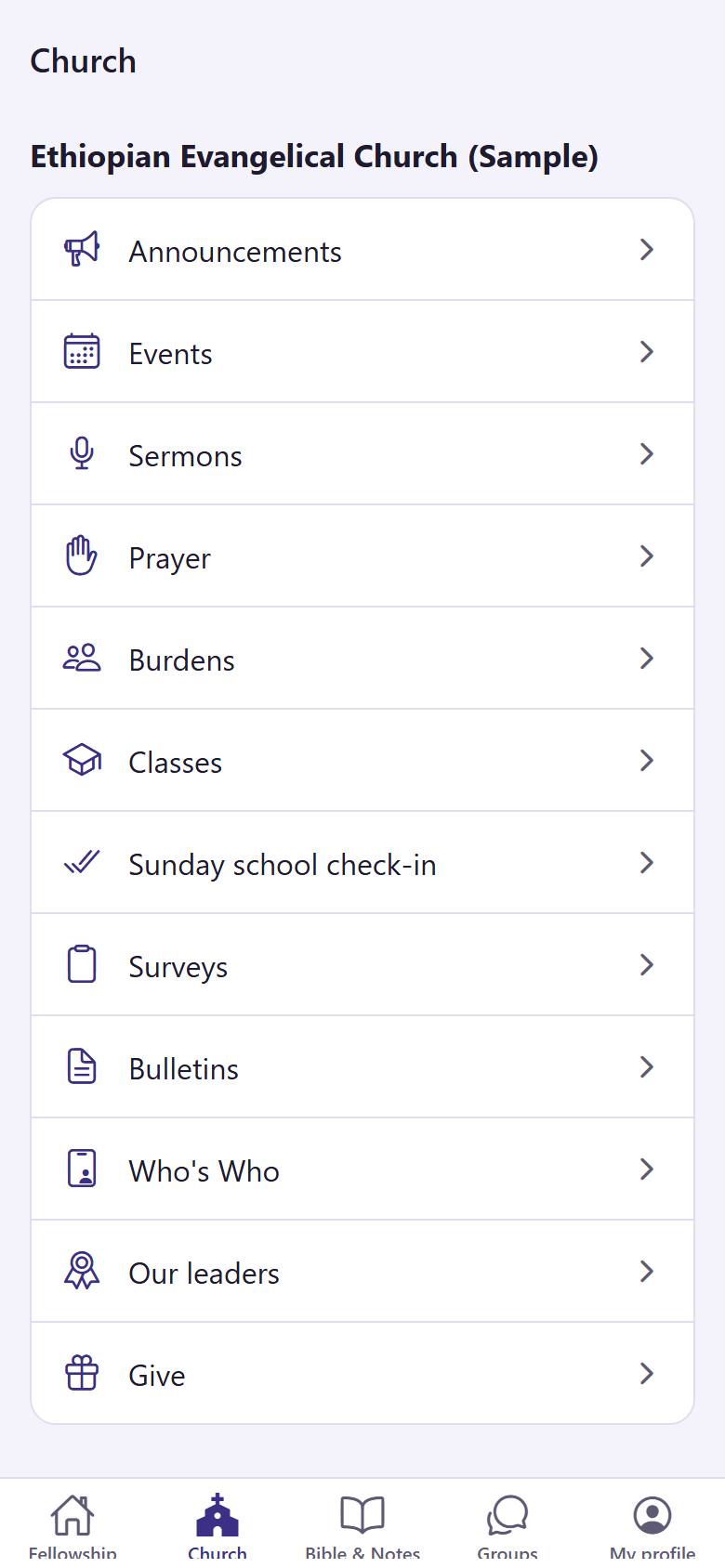 In "Church", tap "Who's Who"  to see the members, or "Our leaders"  to see the pastors and leaders.