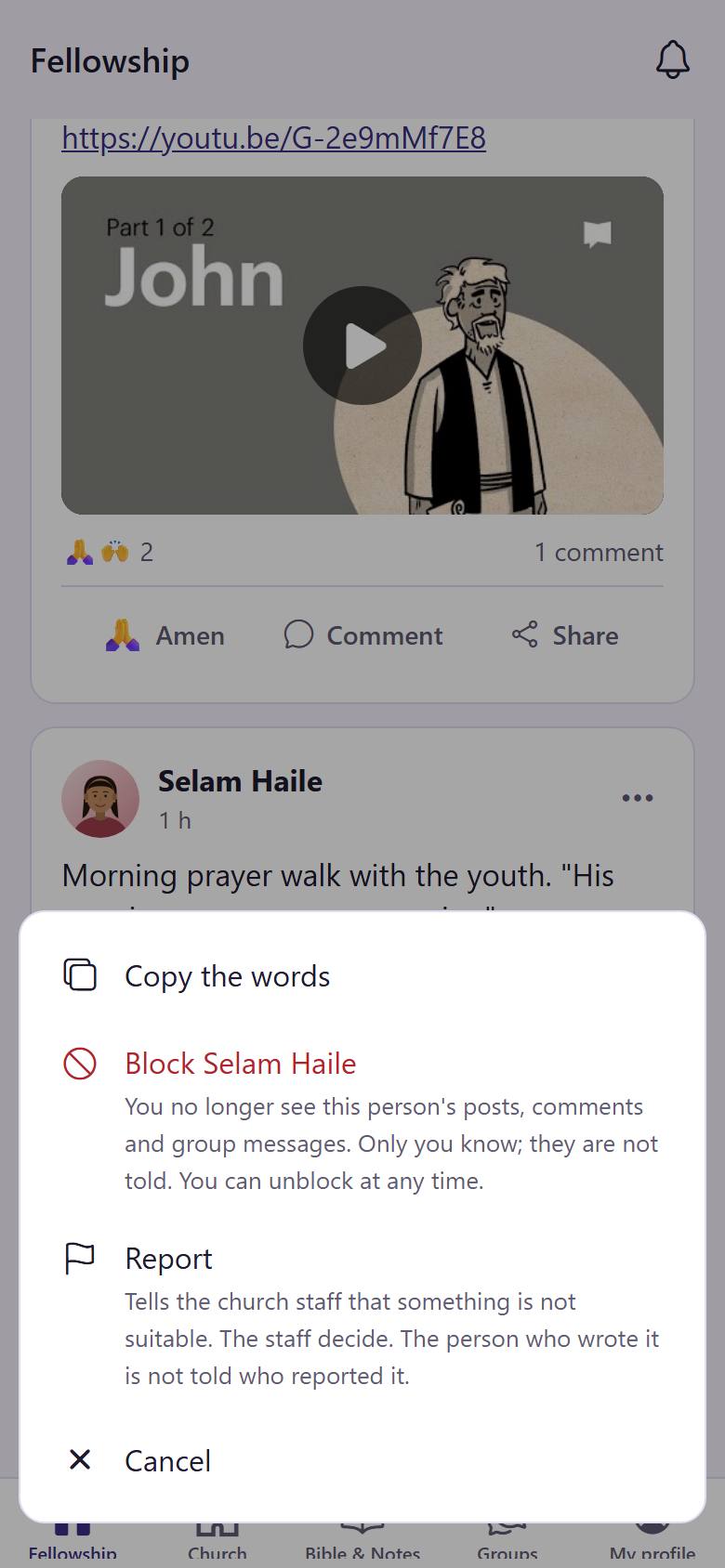 Each choice says what it does. "Report"  tells the church staff. Block  hides all that this person writes, only for you. Tap "Cancel"  to close.