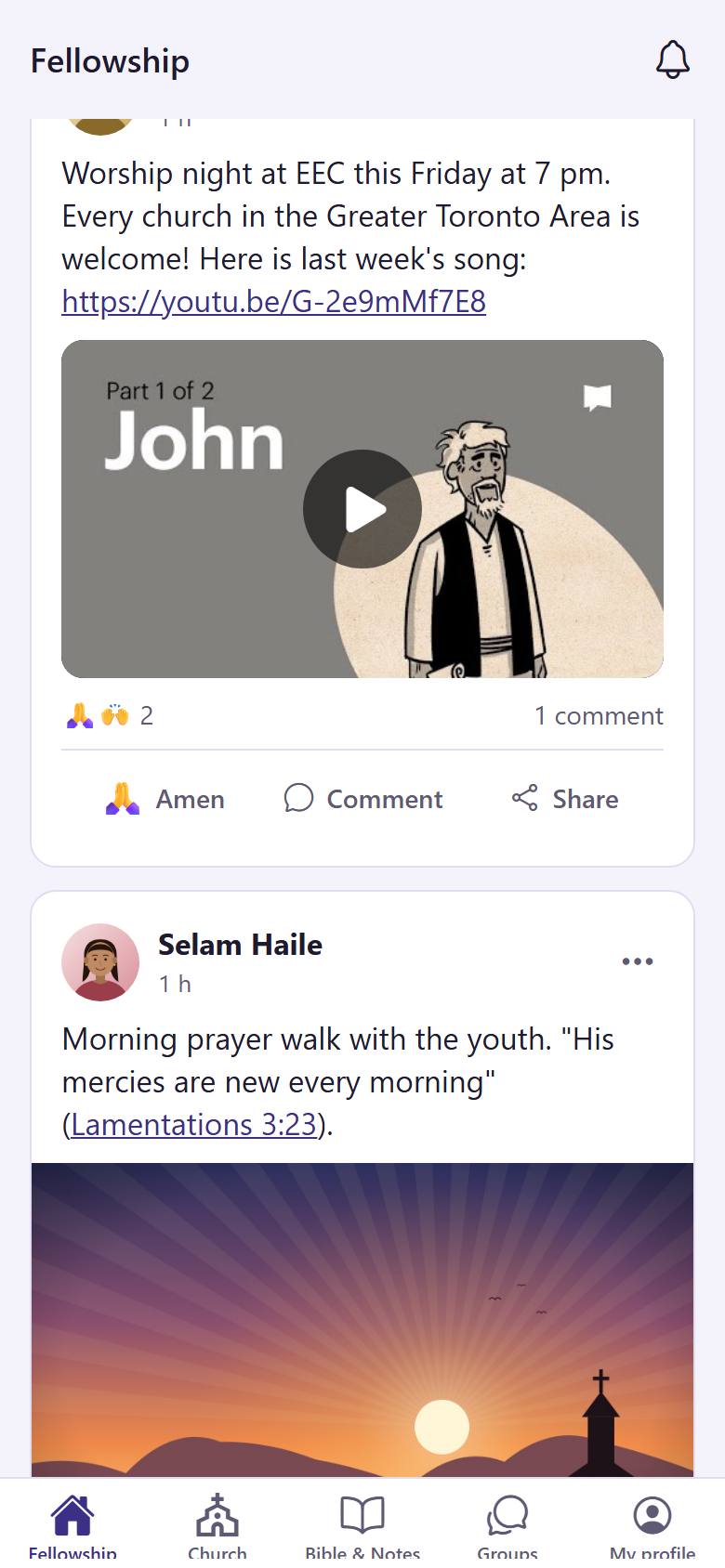 Under a post, tap "Amen" . Hold it down to choose another reaction. Tap "Comment"  to read and write comments.
