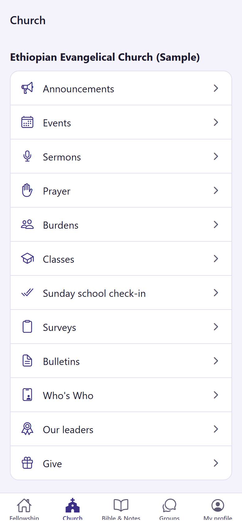 Tap "Church". You see every part of your church: tap one to open it, for example "Announcements"  or "Events" .