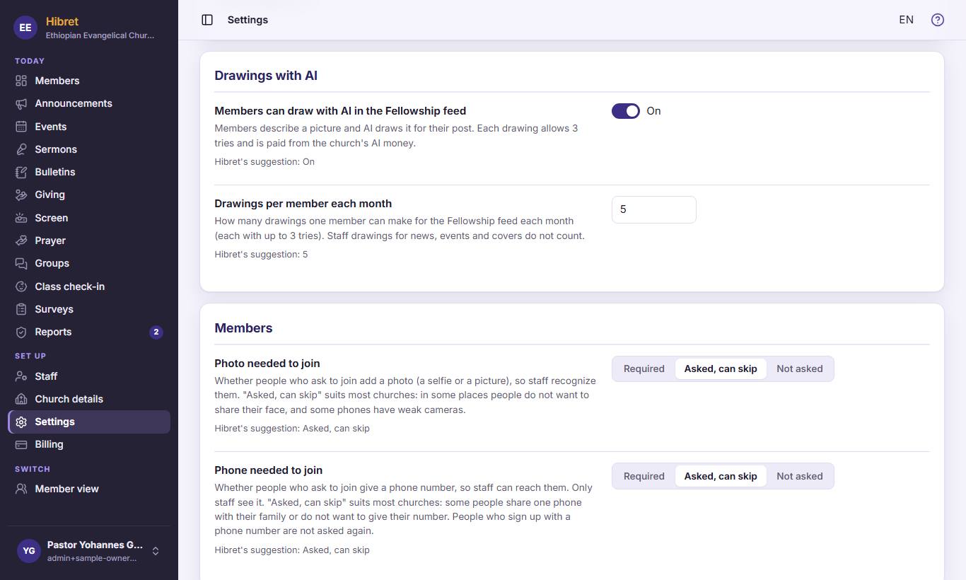 On "Settings", choose if members may draw with AI in the Fellowship feed , and how many drawings each member may make in a month .