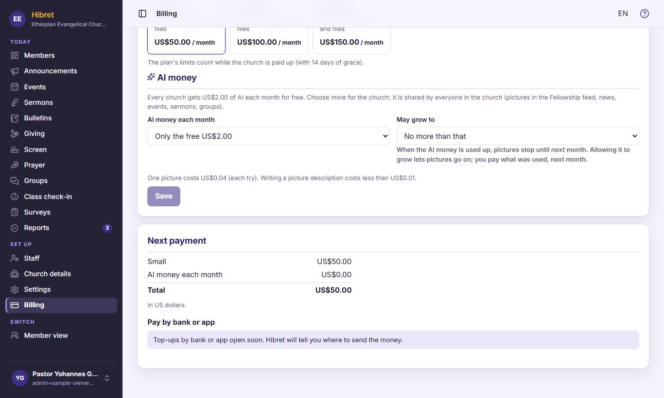 "Next payment" shows what to pay . Under "Pay by bank or app"  you see how to send the money (bank, Interac, telebirr…). After you sent it, choose how you sent it, write the bank reference and click the button to say you sent it.