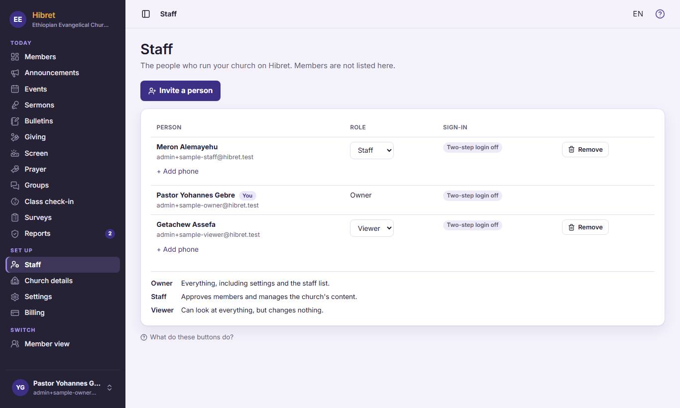 On "Staff", choose a new role in the list . It is saved at once. The roles are explained below . If someone lost their phone, click "Reset two-step login" on their line (you see it when their two-step login is on).