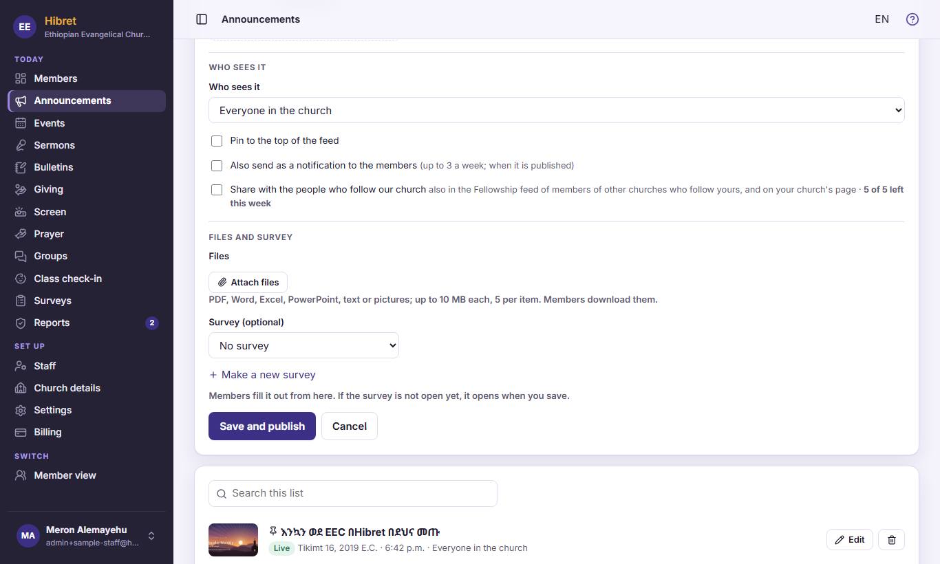 In the editor, press "Attach files"  and choose up to 5 files of 10 MB each. You can also add a survey  that members fill out from here.